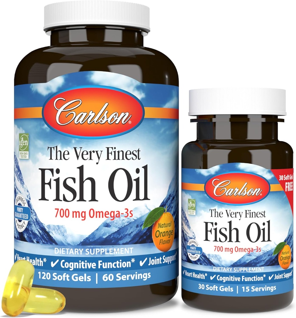 Carlson - Den svært fineste fiskeolje, 700 mg omega-3s, norsk fiskeolje Supplement, Wild Caught Omega-3 Fish Oil, Sustainly Sourced Fish Oil Capsules, Omega-3 Supplement, Orange, 120 + 30 Softgels