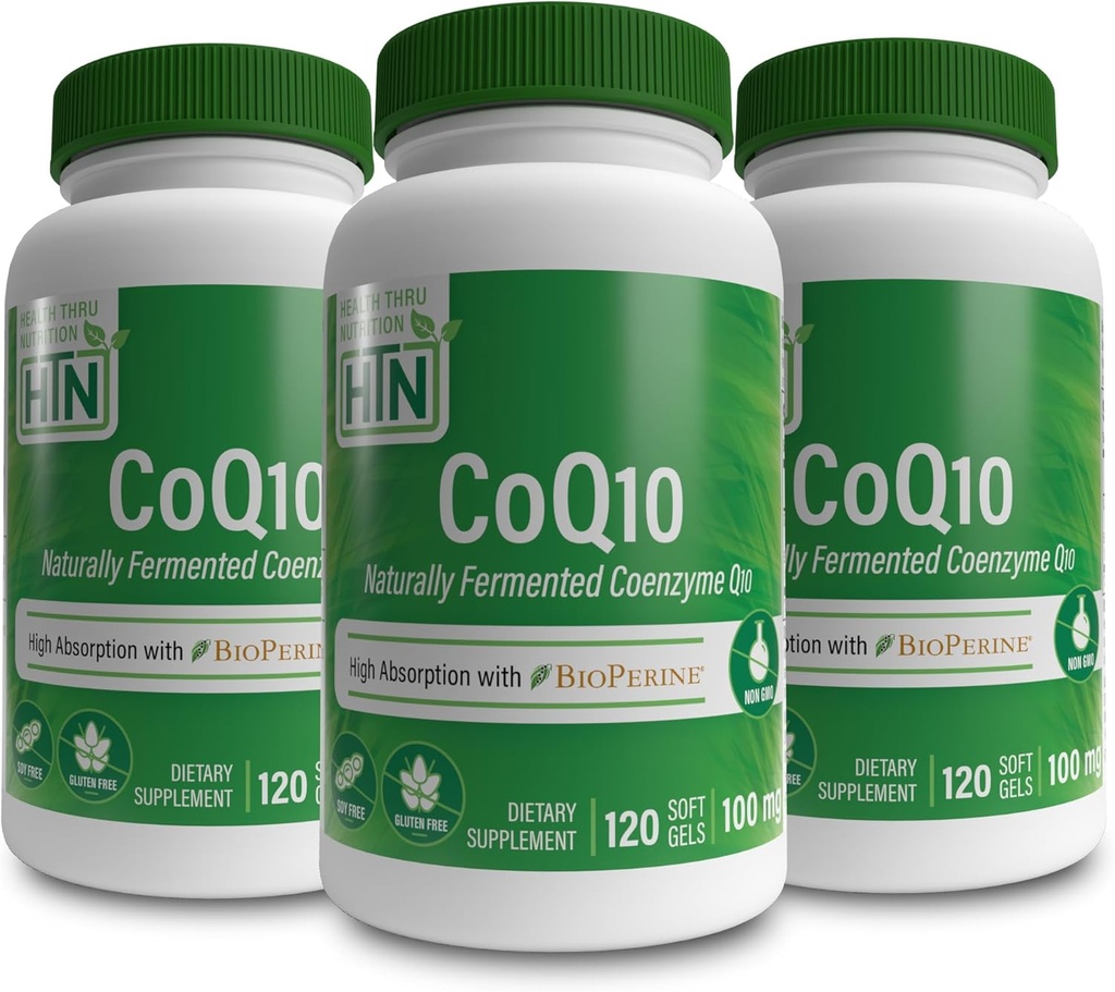 Helse Thru Nutrition CoQ-10 100mg med BioPerine (pakke med 3X 120 Softgels) | Høy absorpsjon naturlig fermentert USP Grade Coenzym Q10 | 3rd Party testet | Hjarte helse og energi støtte