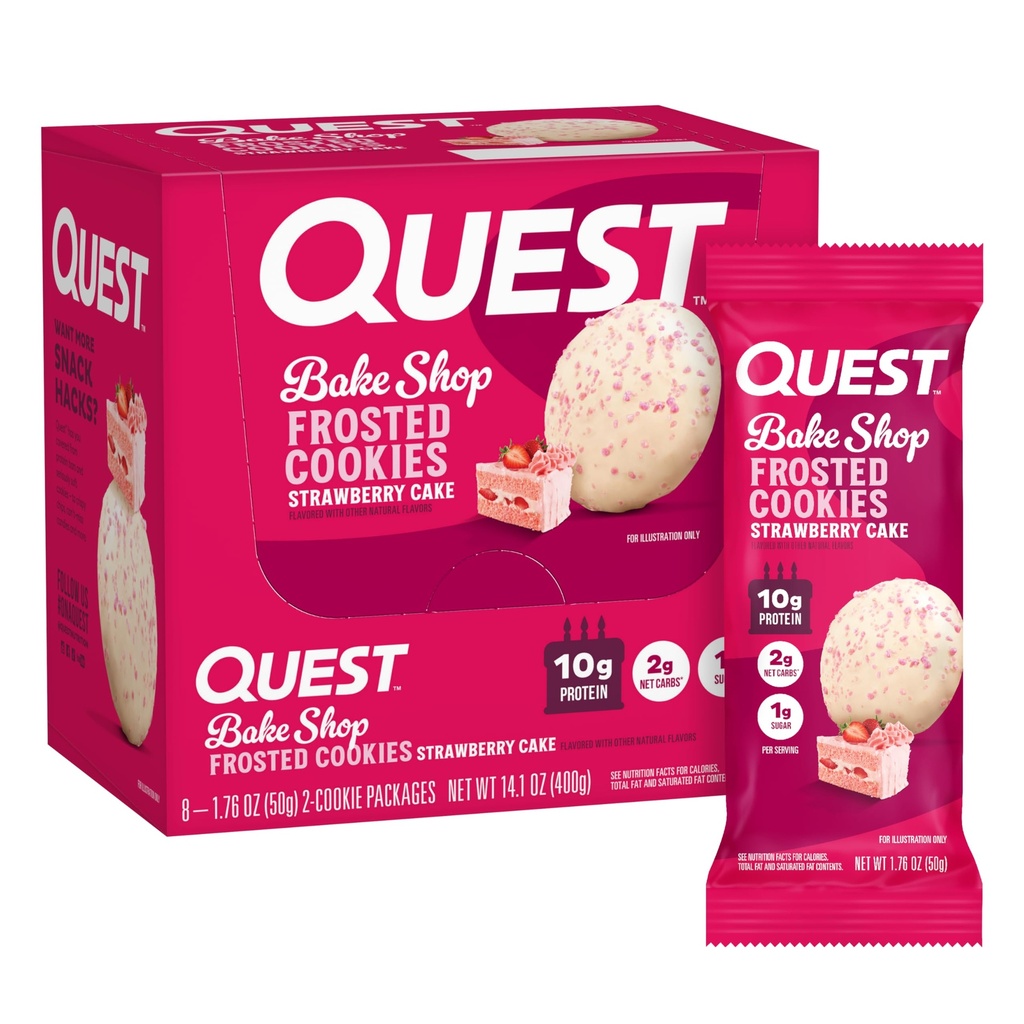 Quest Nutrition Frosted Cookies Twin Pack, Strawberry Cake, 1g Sukker, 10g Protein, 2g Netto Carbs, Glutenfri, 16 Cookies