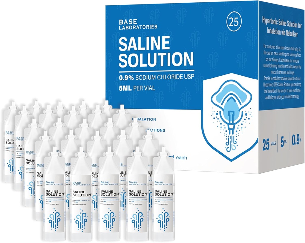 BASE LABORATORIER 0.9 % saltløsning for nebulizermaskin | saltløsning for perforering og nasal irrigasjon | 0,9 % konsentrasjon l 25 vialer 5 ml enhetsdose