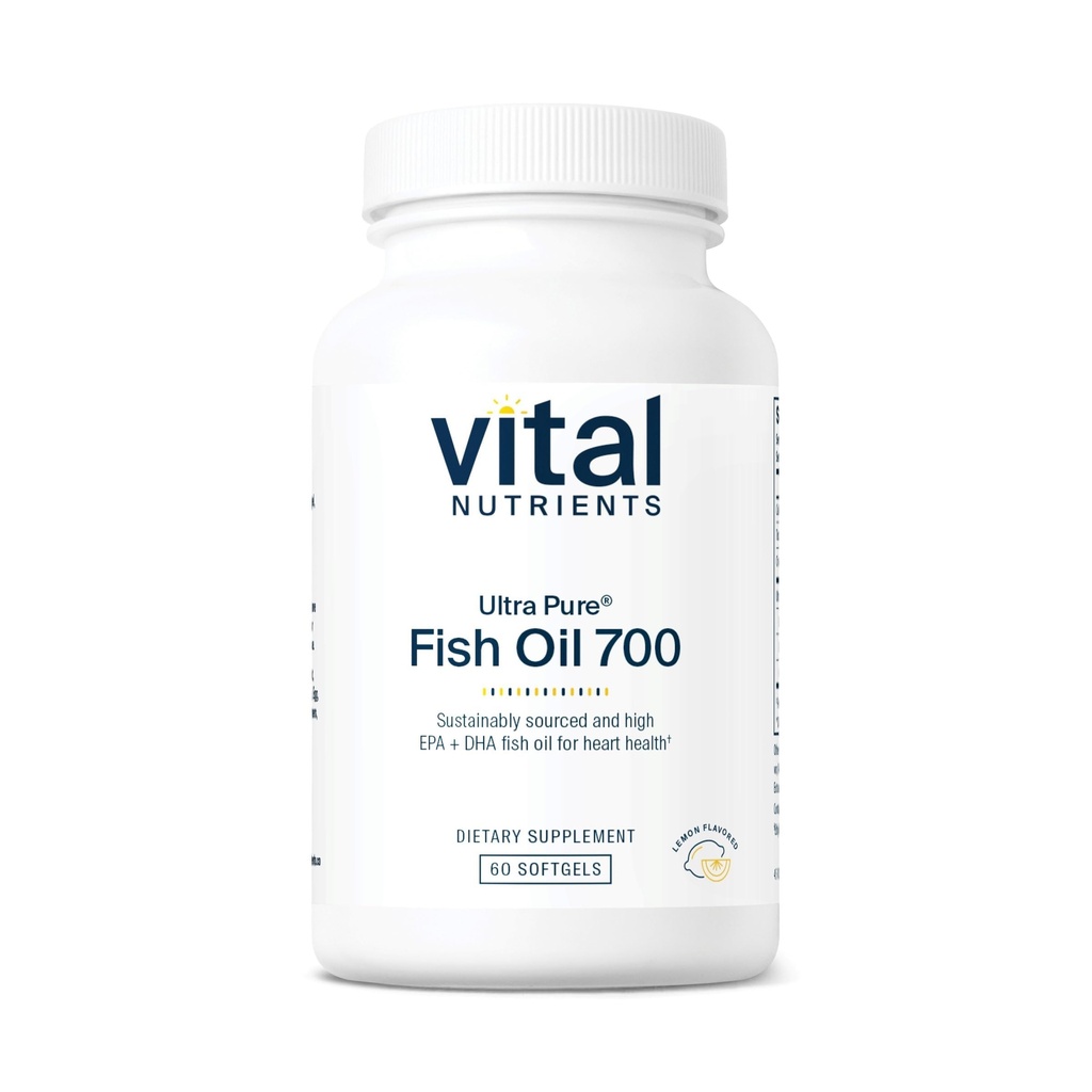 Vitale næringsstoffer Ultra Pure® Fish Oil 700 | støtter hjerte, hjerne og felles helse* | Oppnåelig kildet høy EPA & DHA Omega-3 fettsyre | Lemon Flavor | Gluten, Dairy og soya gratis | 60 Softgels