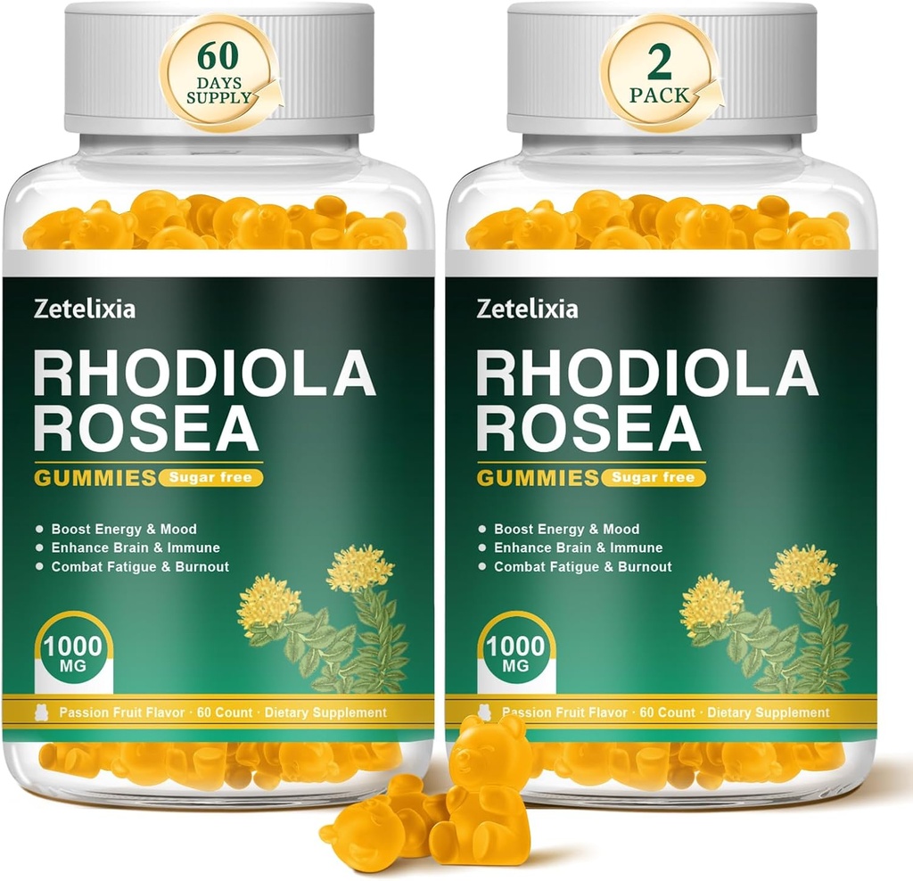 2 Pack Sugar-fri Rhodiola Rosea Gummies 1000mg, Rhodiola Rosea Supplement for kvinner og menn, støtte utholdenhet, Mood & energi, ikke-GMO, Vegan, 120 greve