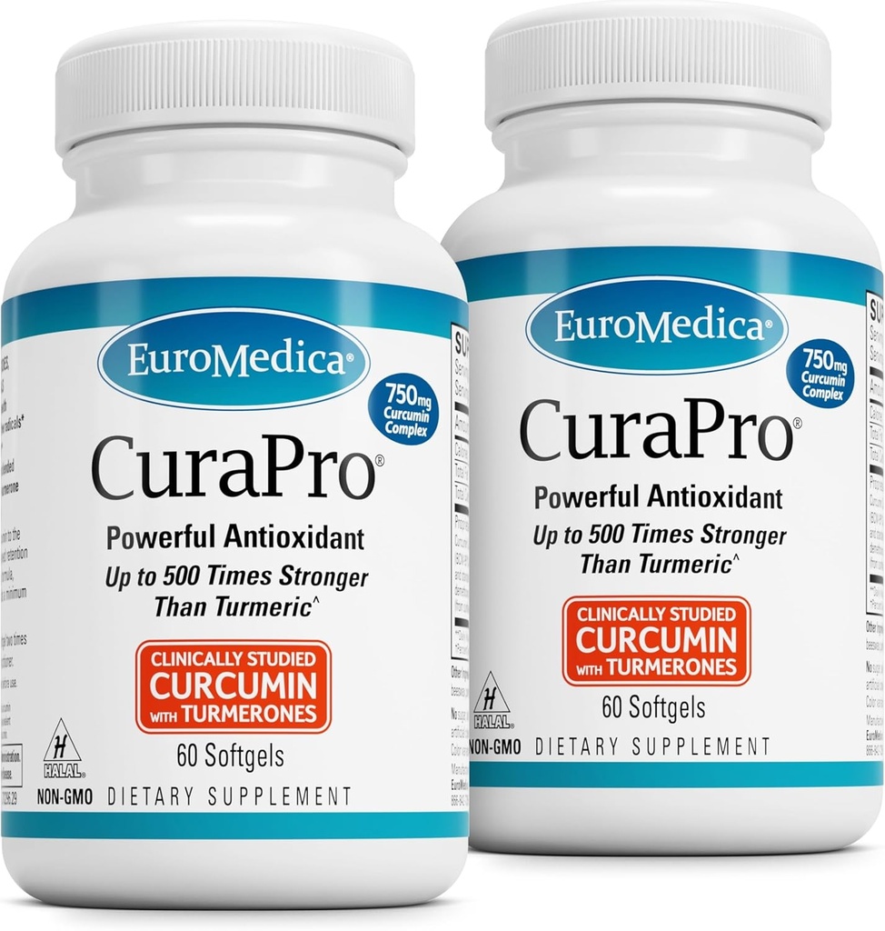 EuroMedica CuraPro - Antioksidant Supplement for hjerne og immun helse støtte - Diett Supplement med Curcumin & Turmeric Essential Oil - Herbal Liver Support - 60 Softgels, 2 Pack (120 Softgels)