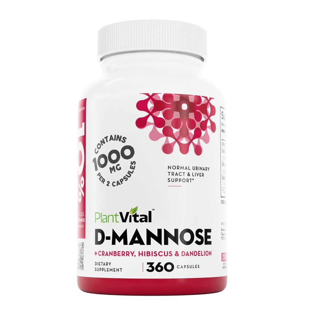 Plantvital D Mannose kapsler med tranebær - D-mannose 1000mg kapsler - høy styrke for bladder, nyre og urinveistrakt støtte. Tranbærpulver med Hibiscus og Dandelion. 6 måneders forsyning
