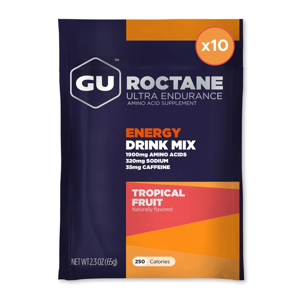 GU Energi Roctane Ultra Endurance Energi Drink Blande, Vegansk, Glutenfri, Kosher, 35 mg Koffein, og Dairy-Free n-the-Go Energi for enhver trening, 10 Single-Serving Packets, Tropisk Frukt
