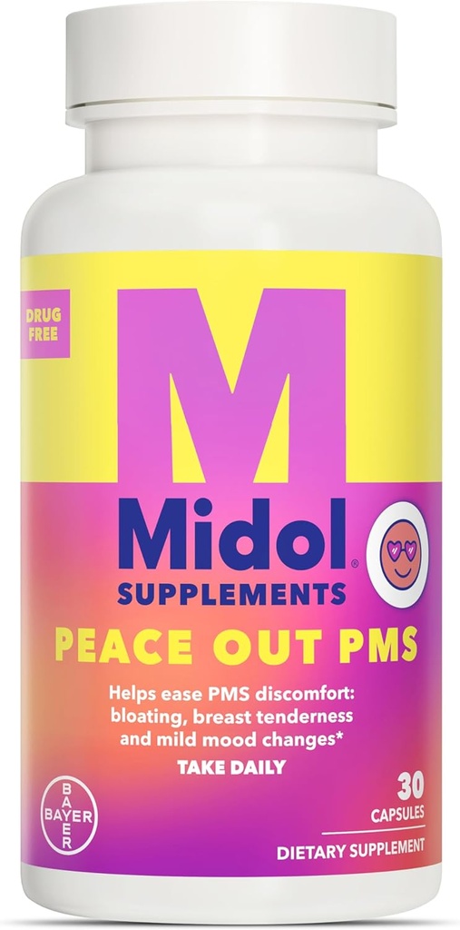 MIDOL Supplements Peace Out PMS, PMS Support Supplement, Formulert med Chasteberry for å hjelpe Ease Bryst Tenderness & Mild Mood endringer, også med Ginger pulver & Valerian Extract, 30 Count