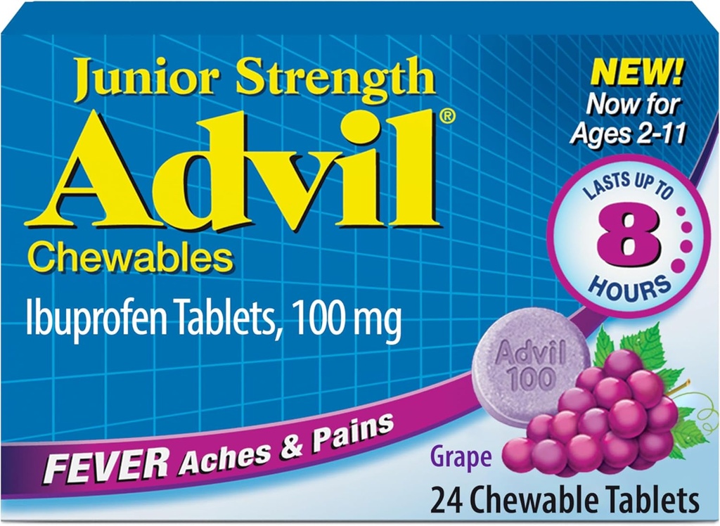 Advil Junior Styrke Chewable Ibuprofen smerte Reliever og feber Reduser, Barns Ibuprofen for smertelindring, Grape - 24 tabletter
