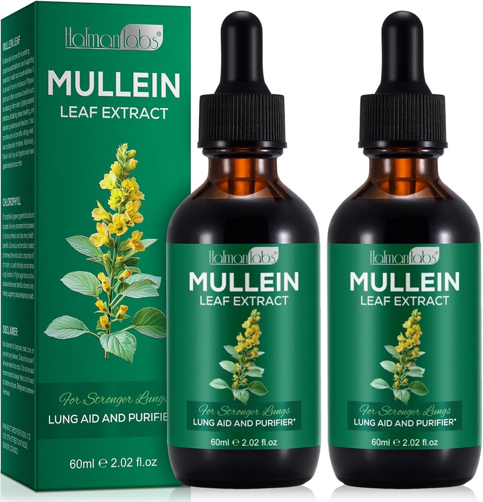 2 Pakke Mullein Drops for Lungs, Naturlig Mullein Herbal Kosttilskudd, Mullein Leaf Ekstrakt for Lung Cleanse og Respiratorisk støtte, 2,02 fl oz