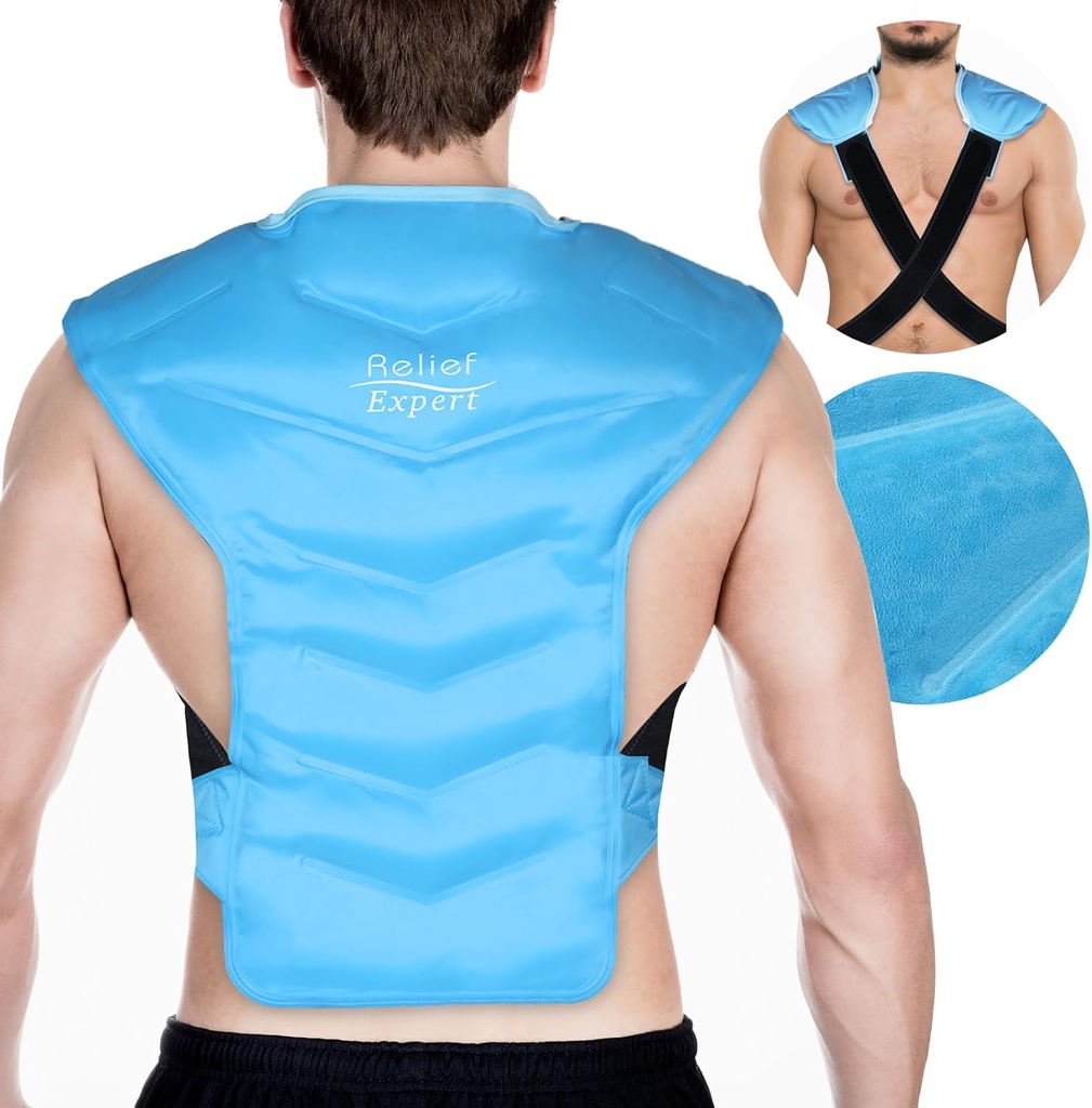 Relief Ekspert Stor rygg og skulder ispakke Wrap - Reusable Gel Cold Pack med dobbeltsidig stoff og justerbare stropper, myk Plush lining for øvre rygg kalde terapi og post-workout gjenoppretting