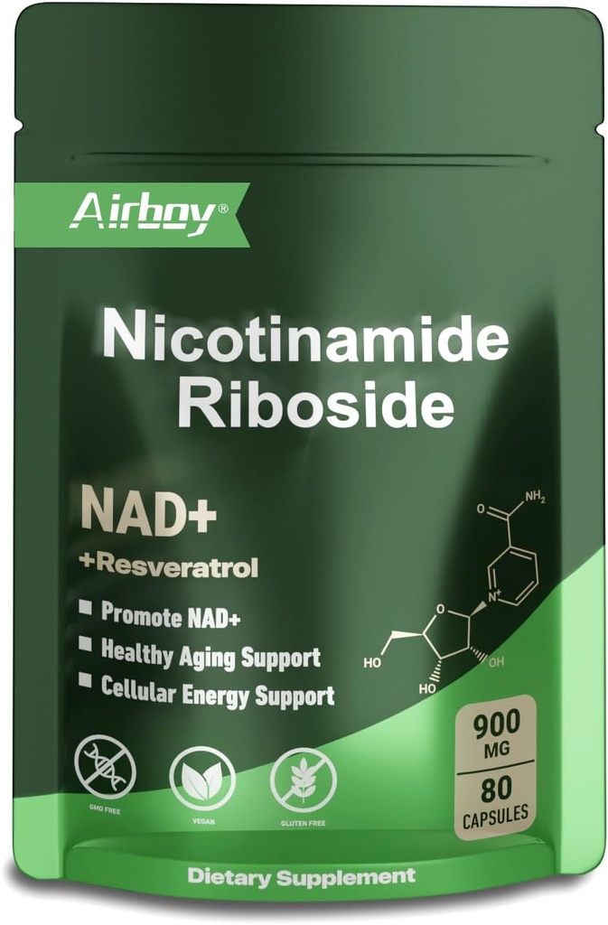Airboy NAD Supplement med Nikotinamid Riboside Resveratrol & Quercetin 900 mg, NMNH Alternativ for menn og kvinner Støtter Anti-Aging, Energi, Fokus - 80 kapsler