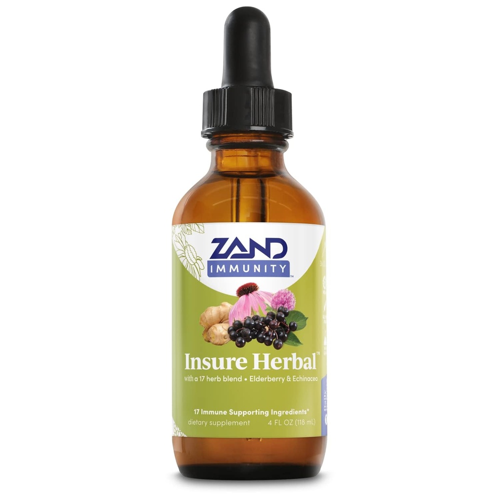 ZAND HERBALS Insure Herbal flytende blanding - 17 Wellness ingredienser - w/Echinacea, Elderberry, Ginger, Sage, Peppermynte og mer - Glutenfri, Vegansk, Ikke-GMO, 60-dagers garanti, 147 Serveringer, 4 FL OZ