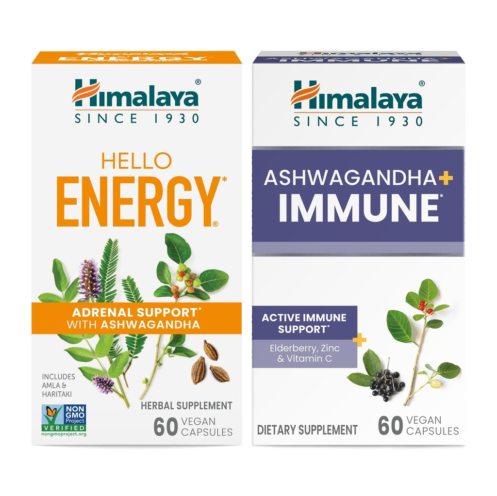 Himalaya Hello Energy with Ashwagandha for Adrenal Support & Daily Energy and & Ashwagandha +Immune with Vitamin C for aktiv immunstøtte, 60 kapsler hver - Bundle