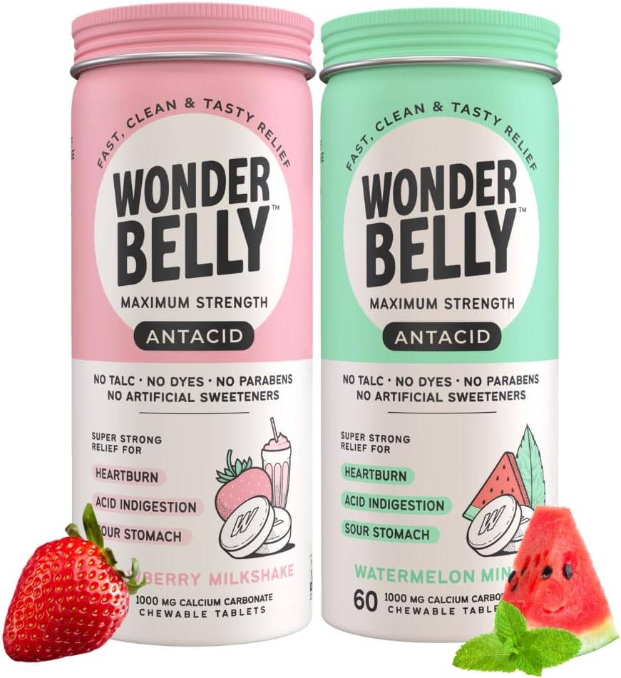 Antacid Chewable Tabletter Bundle Effektiv Heartburn og Instant Acid Indiestion Relief, Maksimal styrke (Strawberry Milkshake & Watermelon Mint)