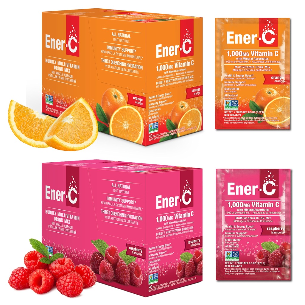 Ener-C Orange & Raspberry Multivitamin Drikke Blande pulver C 1000mg & Elektrolytter med ekte fruktjuice Naturlig energi og immun støtte for kvinner og menn - Ikke-GMO Vegan & Glutenfri - 60 Count