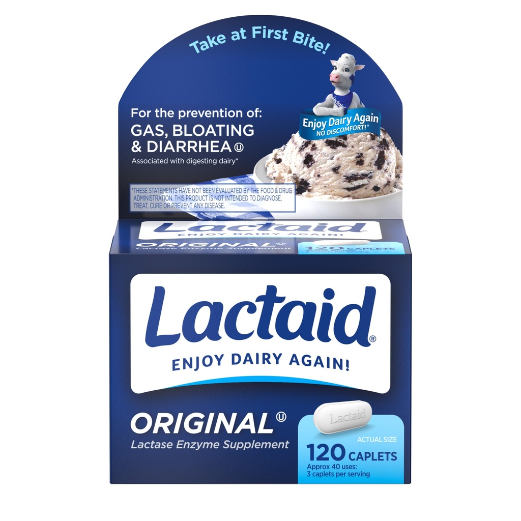 Lactaid Opprinnelig styrke Laktose intolerance piller, 9000 FCC Naturlig Lactase Enzyme Dairy Relief Caplets, bidrar til å hindre gass, Bloating og diarré på grunn av Lactose sensitivitet hos voksne og barn, 120 greve