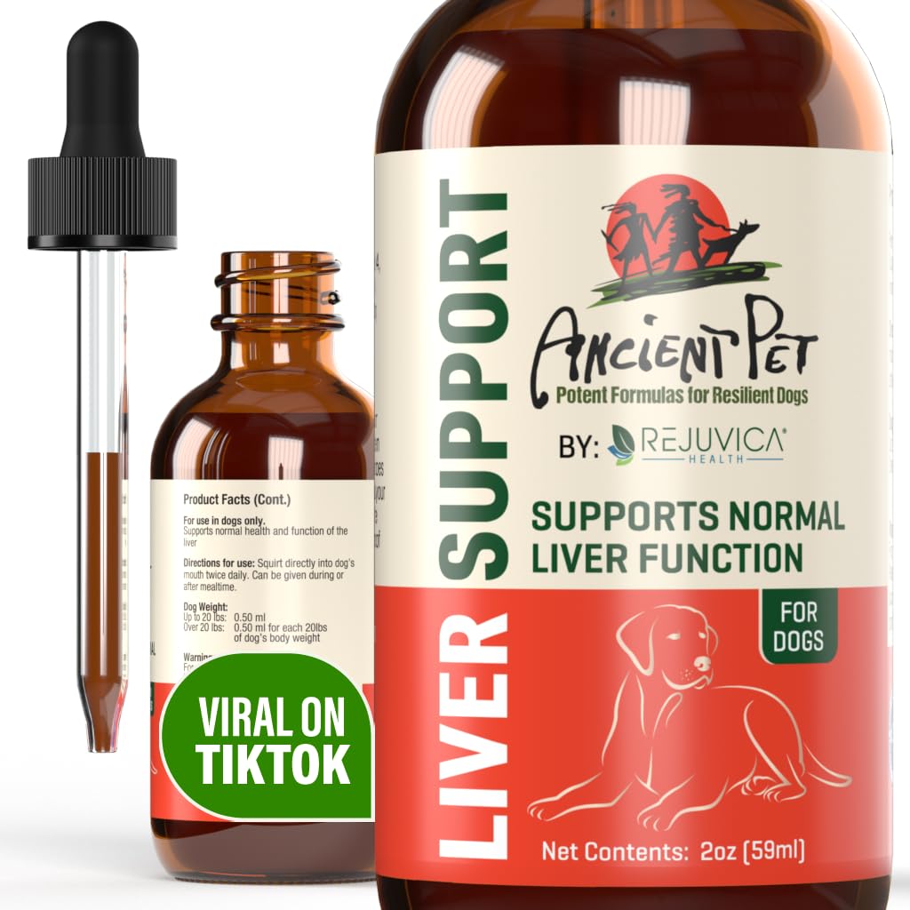 Ancient Pet Liver Støtte for hunder og katter -Enkel flytende levering, Blander enkelt med mat eller vann - Melk Thistle, Dandelion & Artichoke - Forbedret absorpsjon - 2 fl oz