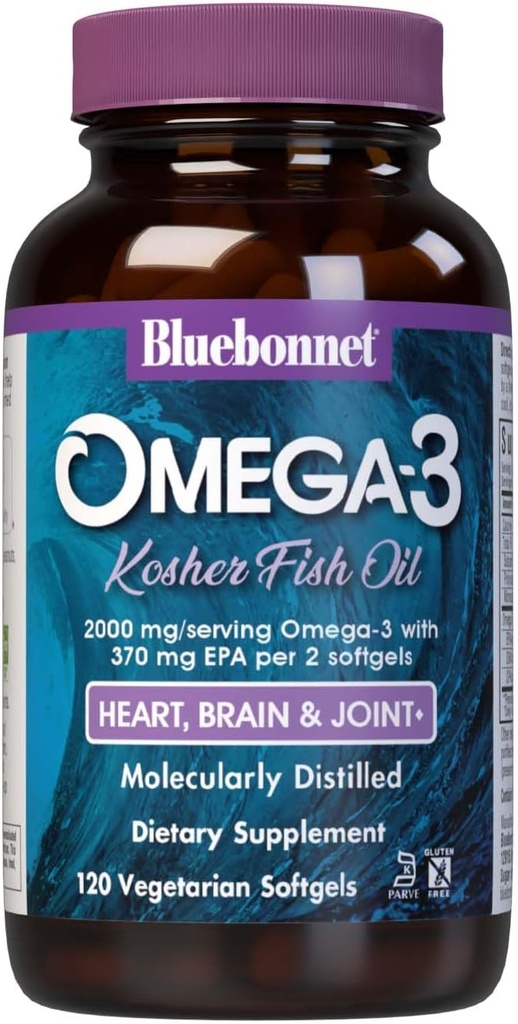 Blåbonnet Ernæring Omega-3 Kosher Fiskeolje, Naturlig Triglycerid Form, Glutenfri, Dairy-Free, Kosher Certified, Ikke-GMO, 3. part testet, Molekylær Destillert, 120 Vegetarisk Softgel, 60 Servering