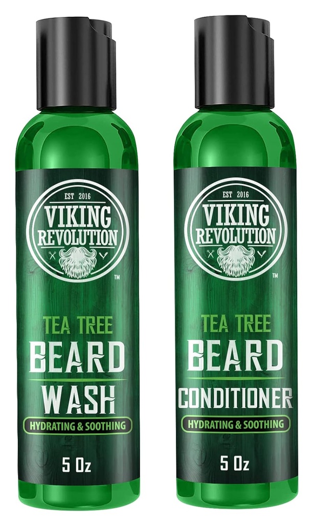 Vikingrevolusjon Tea Tree Beard Vaske og balsam sett for menn - naturlig Beard Softener med Argan olje, vitamin E og Ginseng (5 Oz)