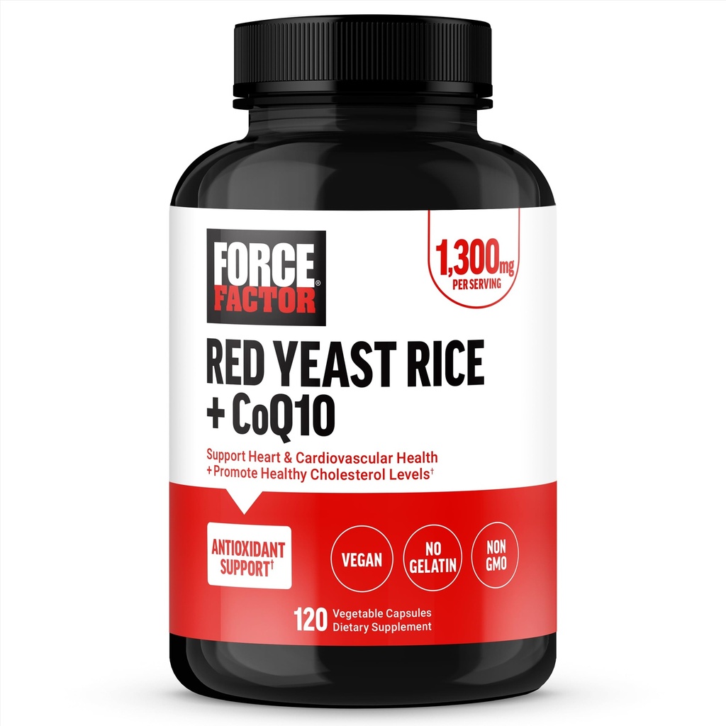 FORCE FACTOR Red Yeast Rice + CoQ10 Supplement for antioksidant støtte, ikke-GMO, Vegansk-vennlig, Premium kvalitet, 120 kapsler