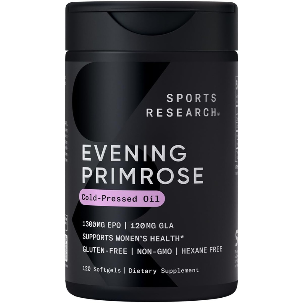 Sports Research® Aften Primrose Olje 1300 mg, 120 Kapsler - 10% GLA, Cold-Pressed, Gluten & Soja Gratis