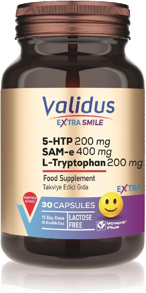 VALIDUS Extra Smile 5-HTTP 200 mg + L-tryptofan 200 mg + Sam-e 400 mg 30 kapsler (Vcaps Plus)
