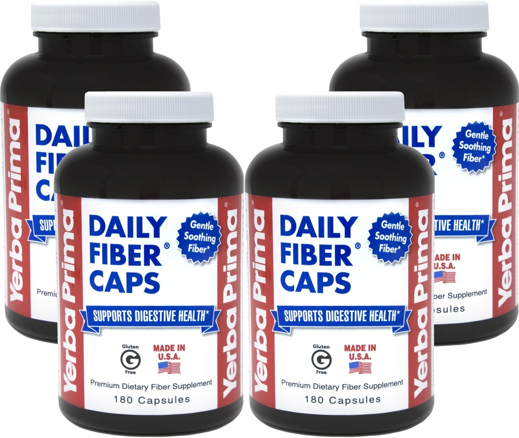 Yerba Prima Daily Fiber Caps - 180 Caps, (pakke med 4) - Oppløselig og uoppløselig diettfibertilskudd - Colon Cleanse - Gut Health - Vegansk, ikke-GMO, Glutenfri