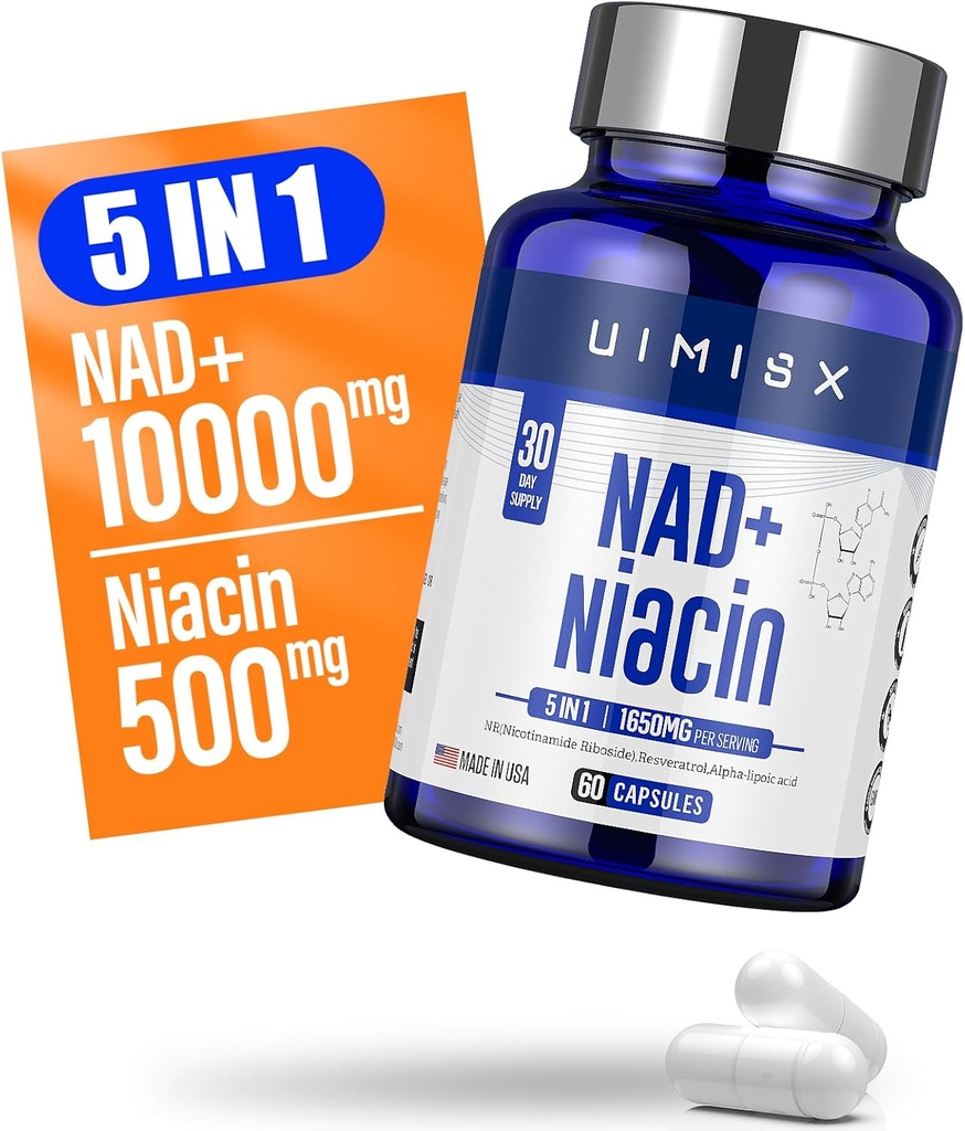 NAD + Supplement 1000mg & Niacin(Vitamin B3) 500mg, Nad Plus Boosting Supplement for kvinne og mann, Nicotinamid Riboside (NR) støtter anti-aldring, energi, hjerne, muskel, ikke-GMO, Glutenfri,74