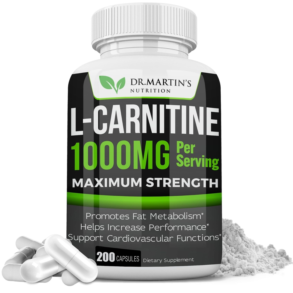 DR. MARTIN'S NUTRITION Ekstra styrke L-karnitin - 200 kapsler - 1000mg Per servering - øke din metabolisme og øke ytelse