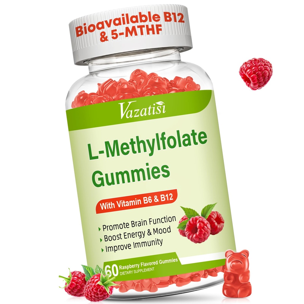 L-metylfolat 15 mg Gummies med Metyl B12, Folate Supplement for humør, hjerne helse, immun støtte, bringebær flavor, 60 greve
