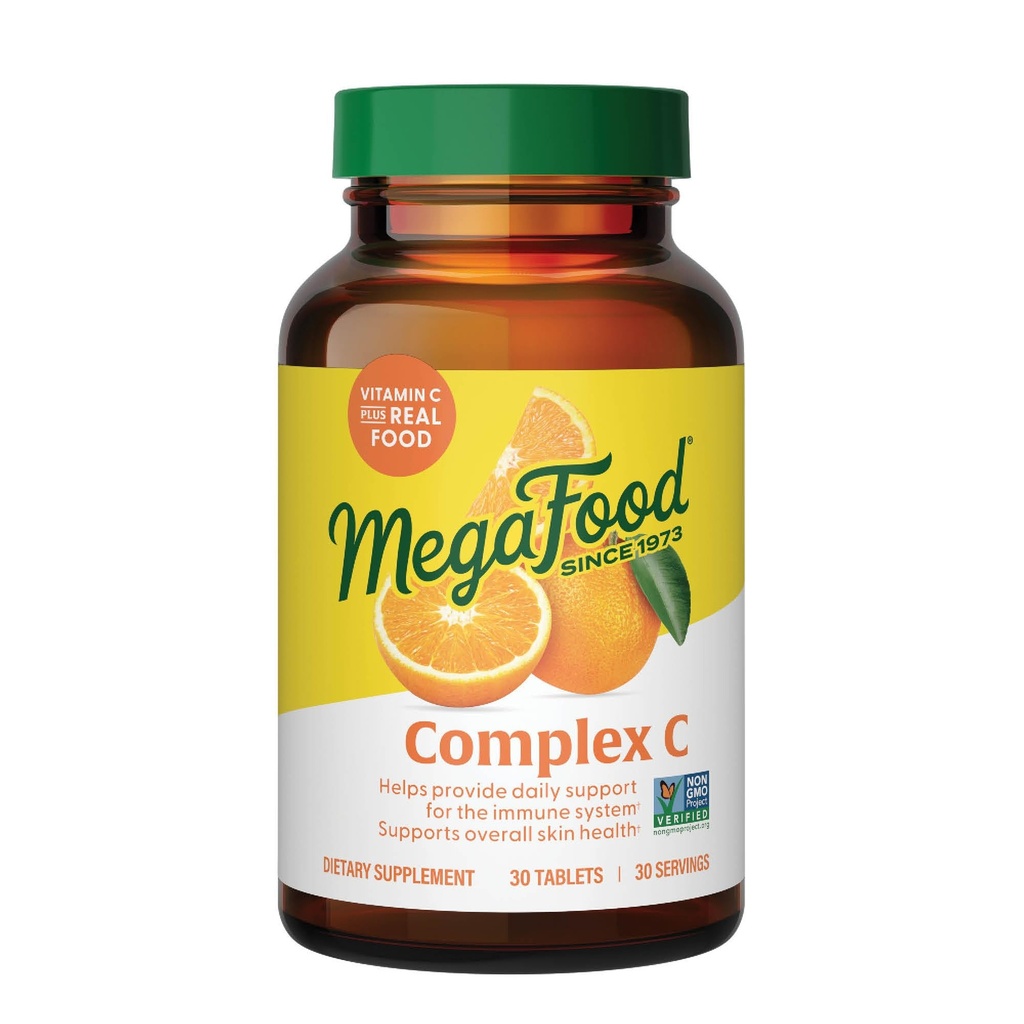 MegaFood Complex C - Vegansk immun støtte Supplement med vitamin C 250 mg, laget med ekte mat inkludert oransje, tranebær og brun ris, glutenfri, Kosher - 30 tabletter, 30 serveringer