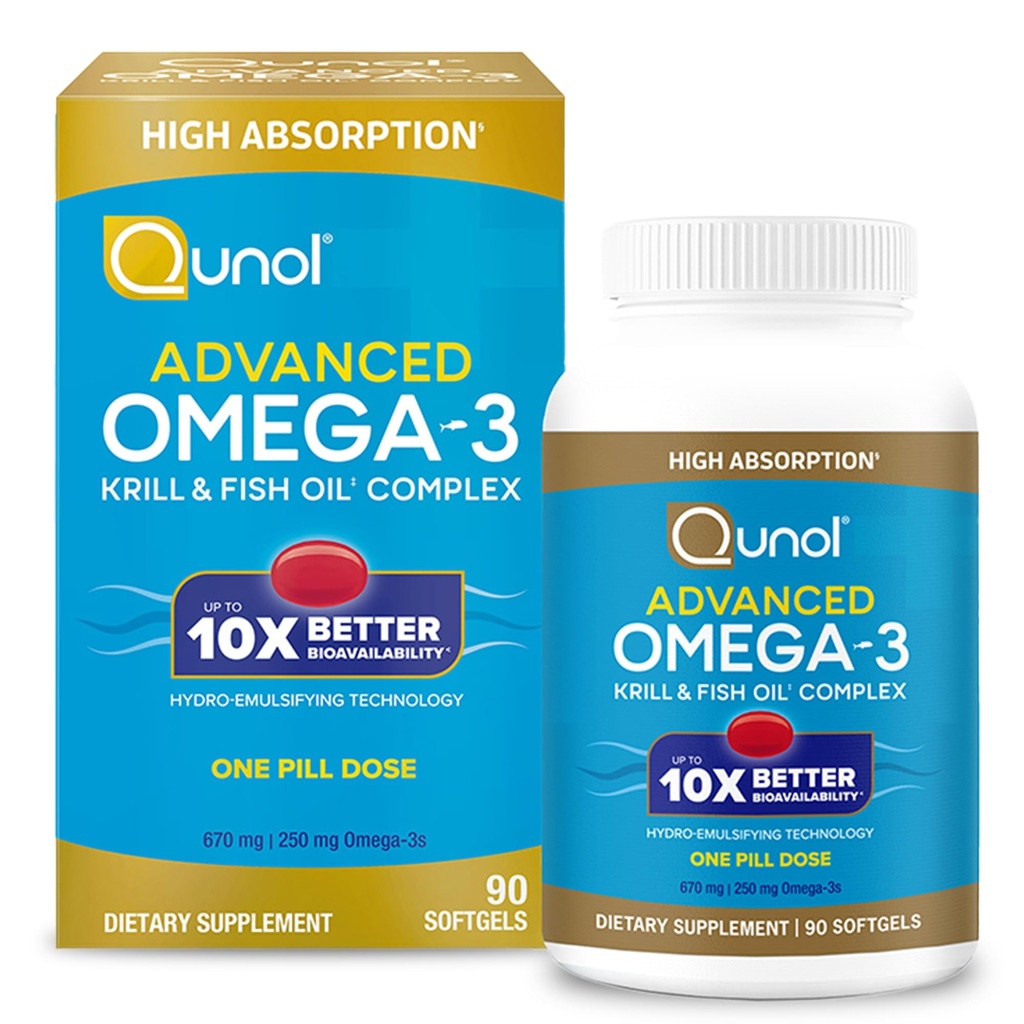 Qunol Advanced Omega 3 Krill og fiskeolje kompleks, 10x bedre biotilgjengelighet, en pille dose, 250 mg EPA & DHA, støtter hjernen, øye, hjerte og felles helse, 90 teller (pakke med 1)