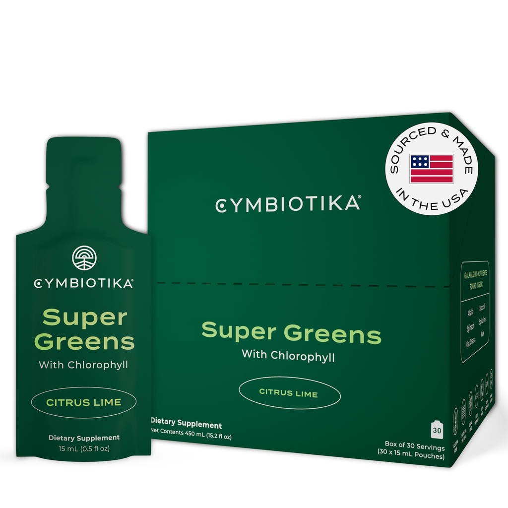 CYMBIOTIKA Super Greens Supplement med klorofyll, Spirulina, Daglig Vegan Superfood Packets for Digestive Gut Helse, Detox, Energi og Immunstøtte, Citrus Lime Flavor, 15 ml Pouches, 30 Pack