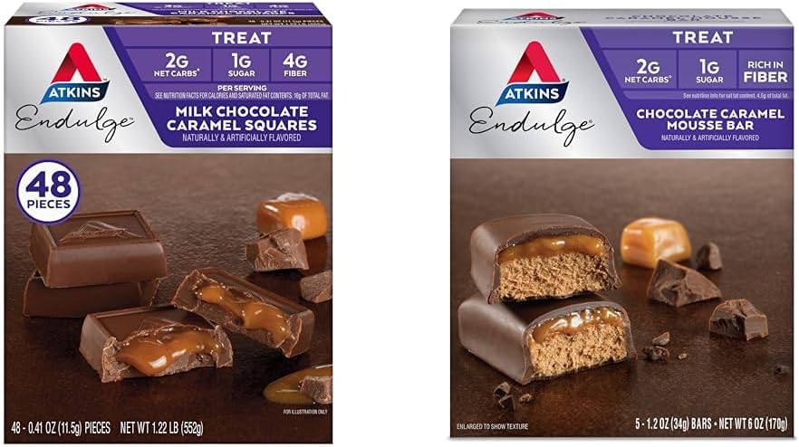 Atkins Endulge Melk Sjokolade Caramel Squares 48 greve & sjokolade Caramel Mousse Bars 5 greve Bundle