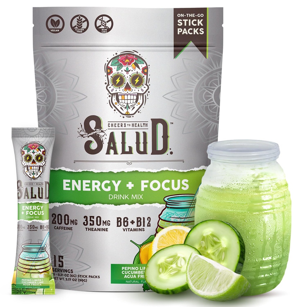 Salud 2-i-1 energi drikke pulver + fokus, Cucumber lime, økologisk koffein, B6 + B12, teanin, ren energi drikke pakker, Agua Fresca blanding, ikke-GMO, Glutenfri, Vegan, 1 g sukker, (15 serveringer)