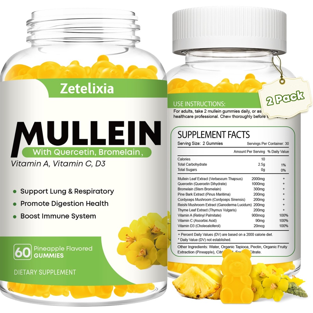 Mullein Gummies for Clear Lungs, 10 i 1 Mullein Leaf Extract for Lungs, Mullein Quercetin Gummies for Lung Cleanse, Respirasjon, Immun, Pineapple Flavor, 120 greve