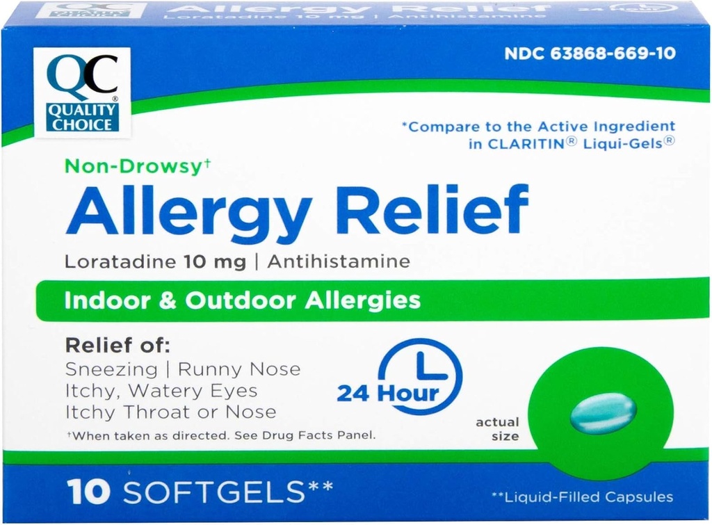 Kvalitetsvalg Allergi Relief, 24 timers ikke-Drowsy Allergy Relief for innendørs og utendørs allergier, Antihistamin Loratadin 10 mg, flytende fylte softgels, 10 teller