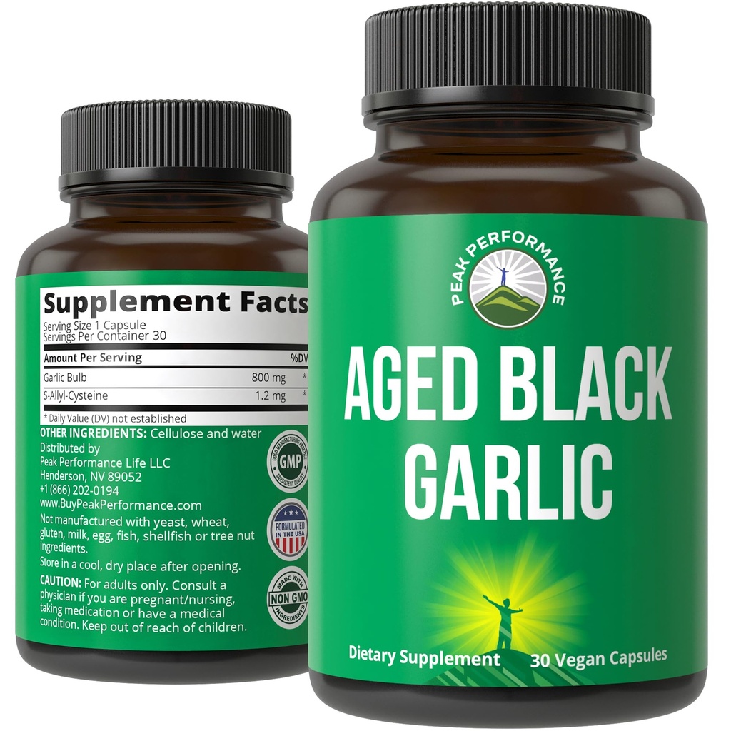 Peak Performance Alder Svart hvitløk Kapsler. Rå Vegan ren Odorless Extract Supplement piller for kolesterol, og immun støtte. fra hvitløk bulb med S-Allyl Cysteine og antioksidanter