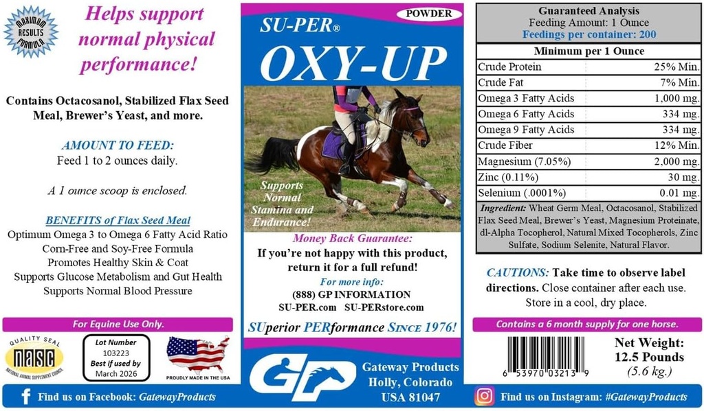 SU-PER Oxy-Up ytelse hest Supplement - støtter normal utholdenhet og utholdenhet - hvete Germ ekstrakt, B-Complex vitaminer, magnesium - 12,5 pund, 6 måneders forsyning