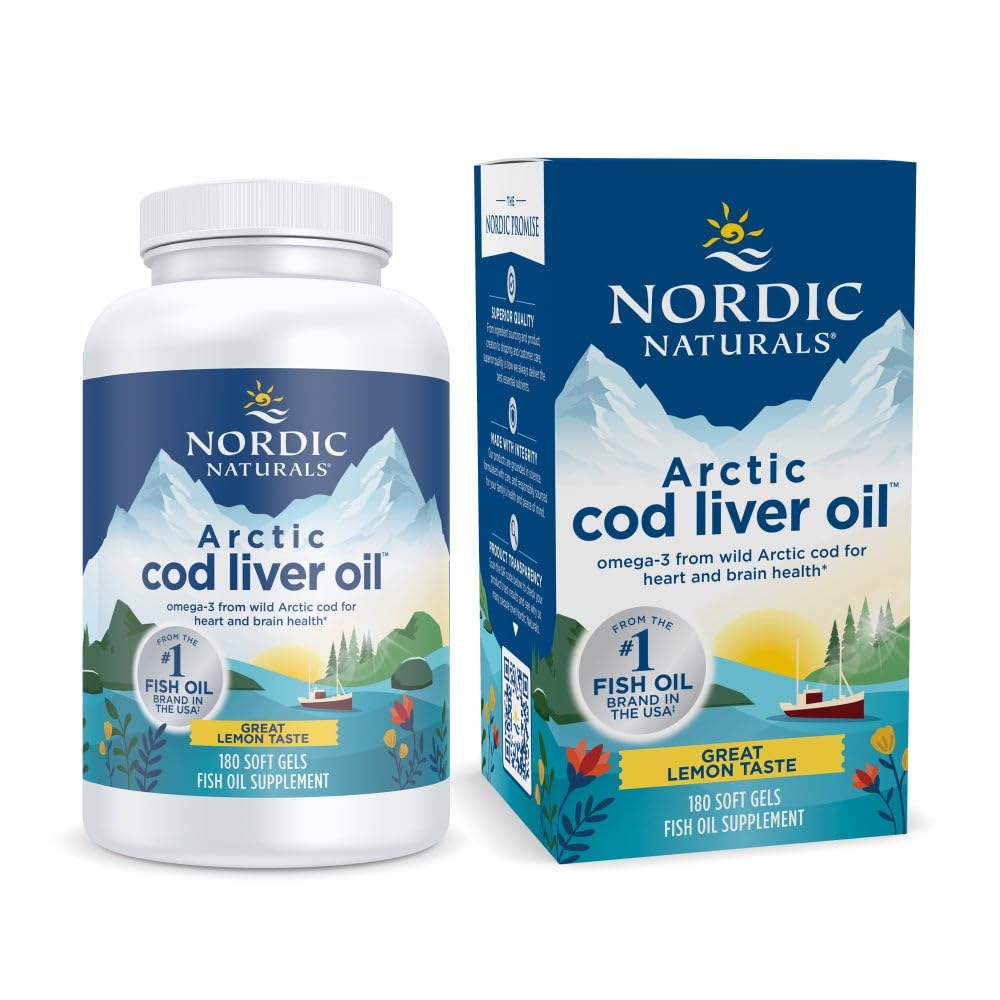 Nordic Naturals Arctic Cod Liver Oil, Lemon - 180 Soft Gels - 750 mg Total Omega-3 med EPA & DHA - Hjerne- og hjernehelse, sunn immunitet, total velvære - Ikke-GMO - 60 Services