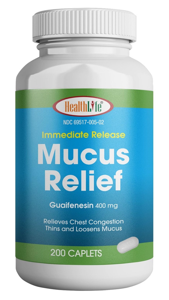 Helse LFE Mucus Relief Guaifenesin Caplets 400 mg, øyeblikkelig frigjøring rask fungerende forventningsmiddel, tynn og loosens Mucus, lindrer bryst kongestion, kjede, kald og influensa (medium, 200 greve)