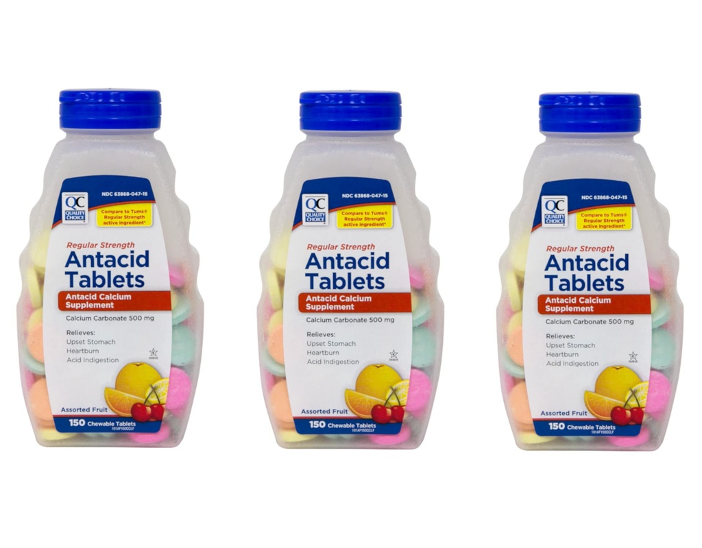 Kvalitetsvalg Vanlig styrke Kalsiumkarbonat 500 mg Antsyre Chewable tabletter, 150 greve - Pakke med 3
