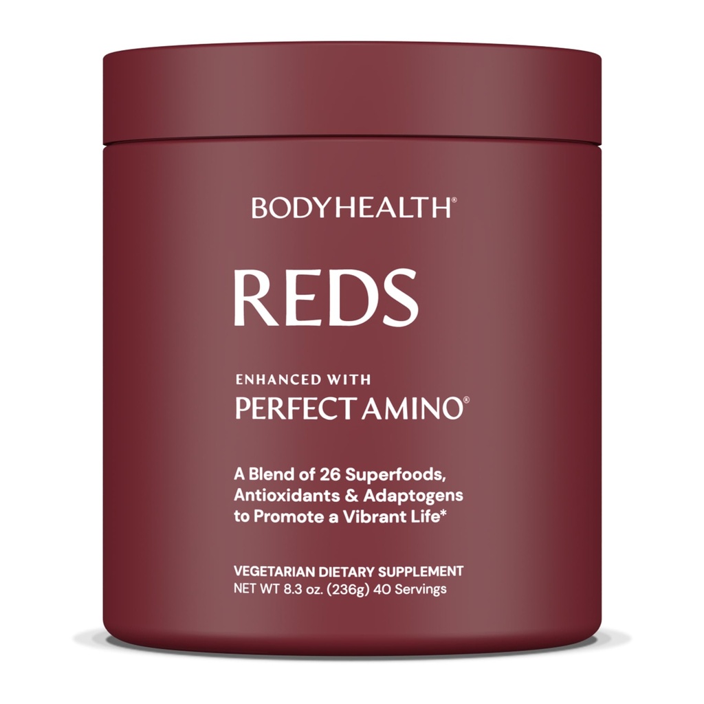 BodyHealth Reds forbedret med PerfectAmino - Daglig Superfood Smoothie pulver med antioksidanter, Adaptogener, Phytonutrienter, Frukt, Prebiotika, Probiotika, Fiber og Protein - 40 Serveringer