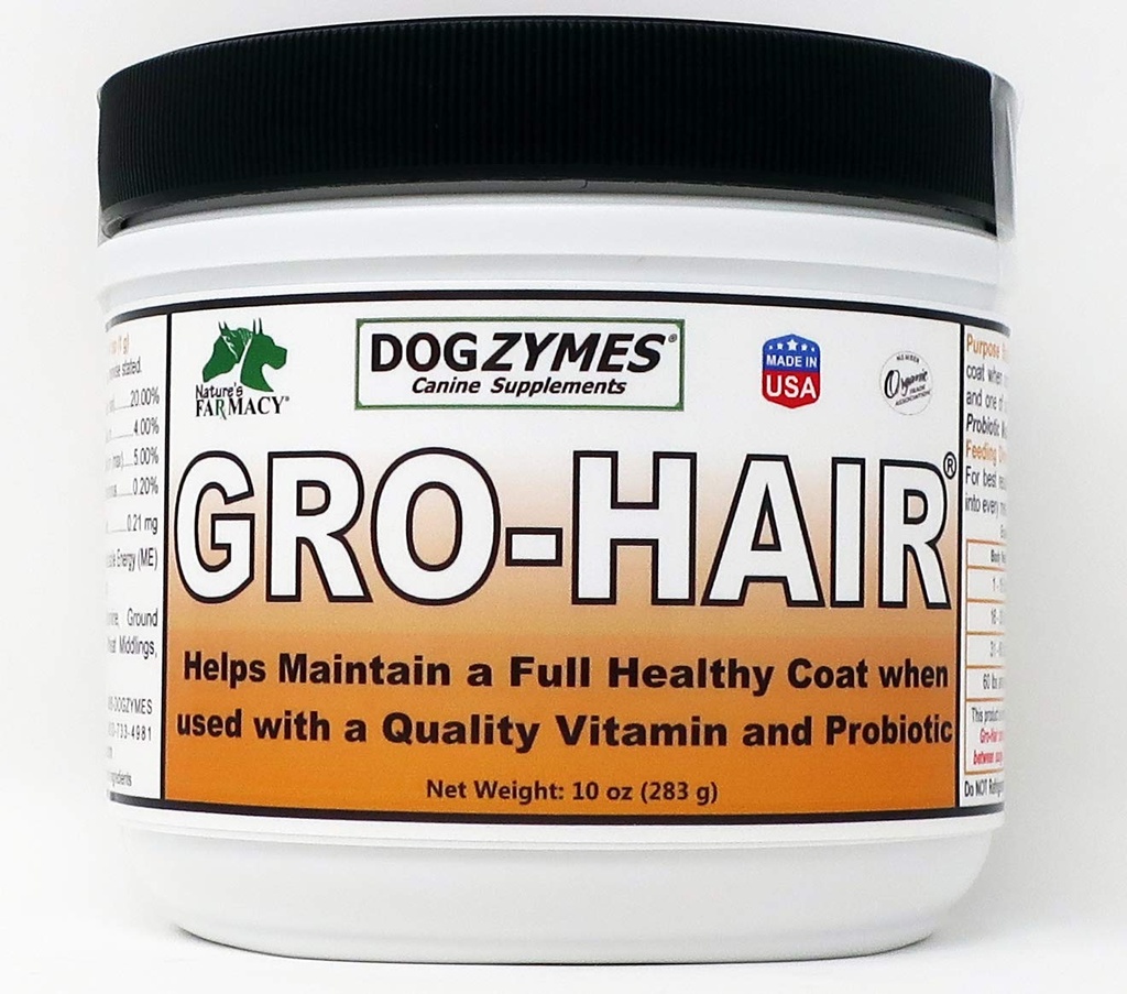 Dogzymer GRO-Hair for lengden av Coat eller Feathering, Fast Coat vekst eller når sparsom Coat og / eller Bald flekker trenger å fylle inn.