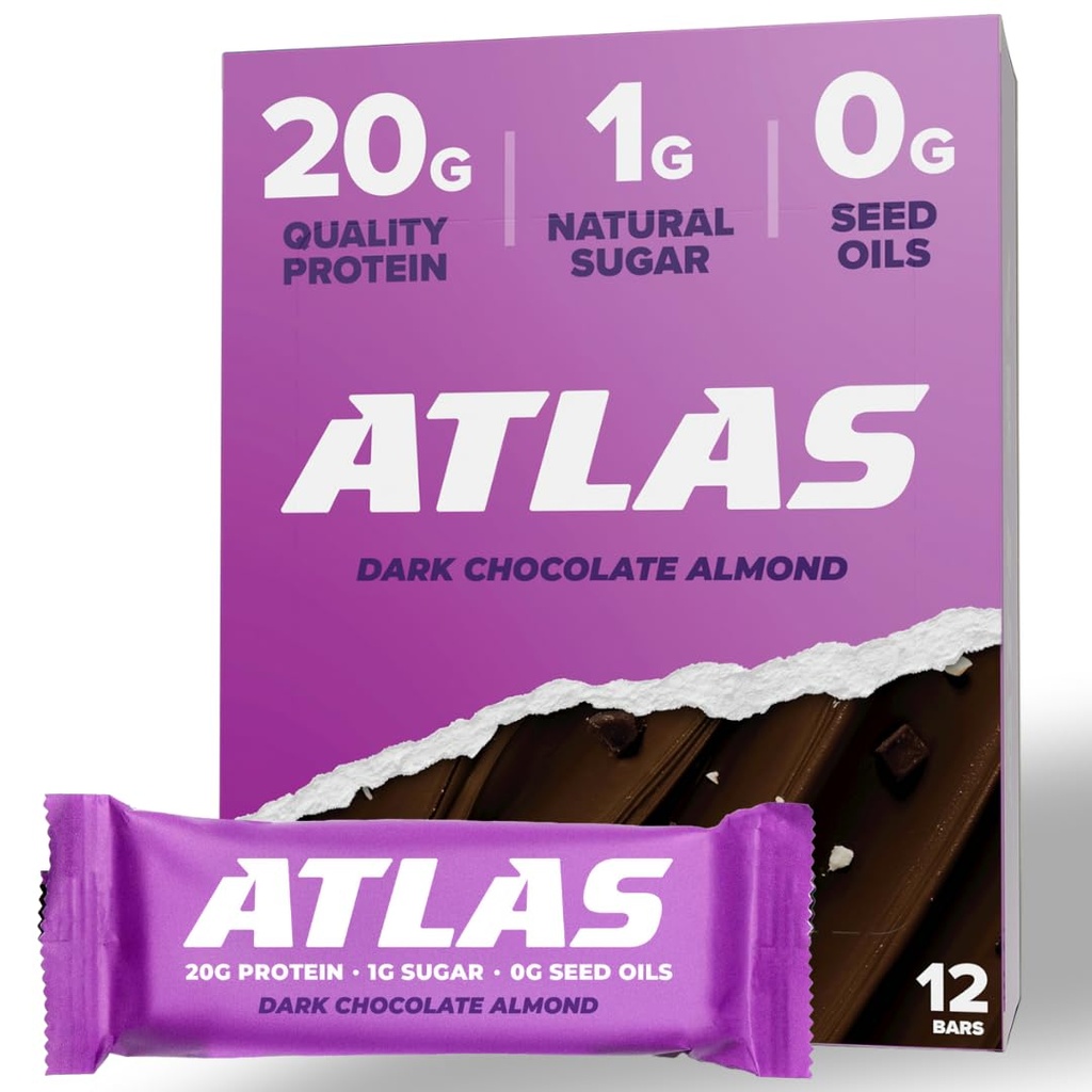 Atlas Bar – 20g protein, 1g sukker, 0g frøoljer, 0g kunstige søtningsmidler (Dark sjokolade almond, 12 greve)
