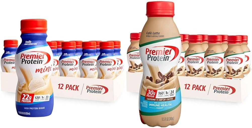 Premier Protein Shake MINIs Vanilla 22g Protein 120 Kalorier Pakke med 12 & Café Latte 30g Protein 160 Kalorier Næringsstoffer for immunhelsepakke med 12