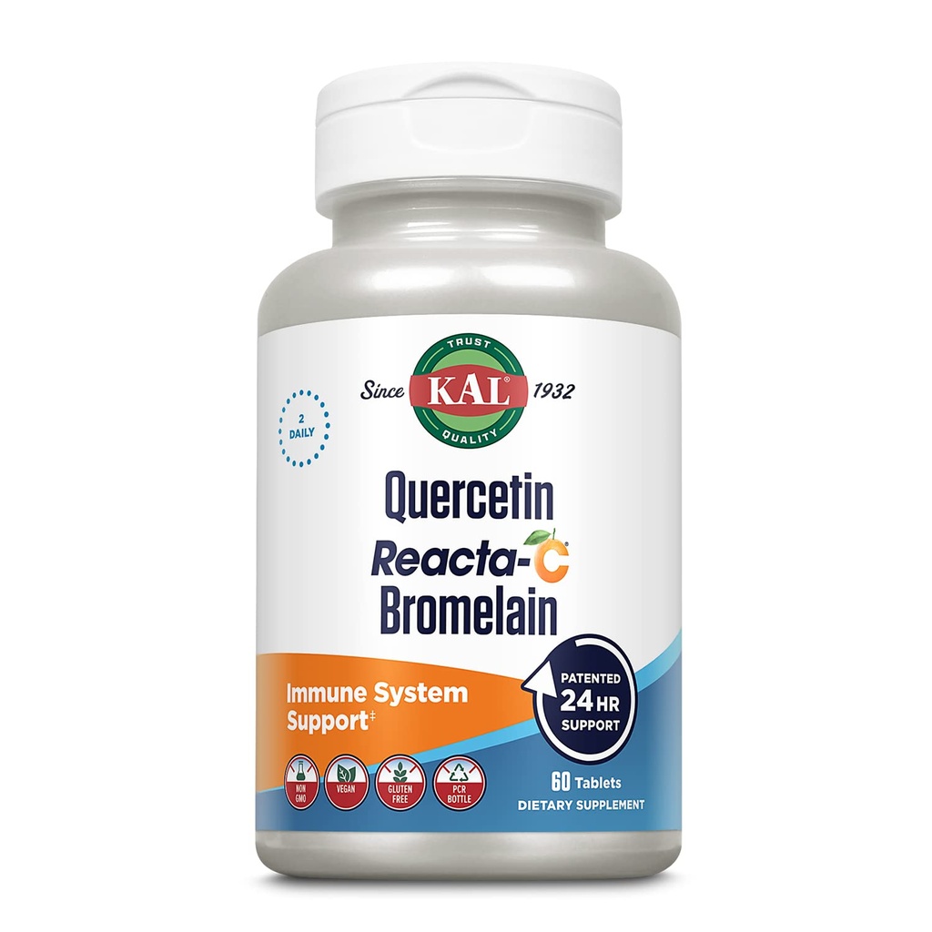 KAL Quercetin Reacta-C Bromelain Immune Support Supplement, 24-timers immunforsvar med bioflavonoider, vitamin C 1000mg og Quercetin 500mg, Vegansk, Glutenfri, 60-dagers garanti, 30 Serv, 60 tabletter