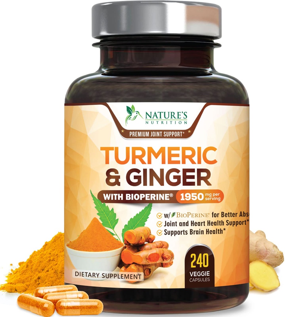 Gurkemeie Curcumin Supplement 1950mg - 95% Curcuminoids med organisk gurkemeie og ginger, BioPerine Black Pepper for beste absorpsjon, Naturens Vegan felles støtte, ikke-GMO, flaske i USA - 240 kapsler