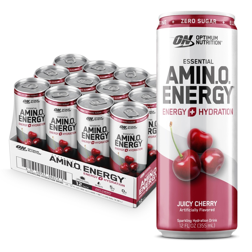 Optimal ernæring Amino energi sparking Hydration Drink, Electrolyter, Koffein, Aminosyrer, BCAA, sukkerfri, Juicy Cherry, 12 Fl Oz, 12 Pack (Packing May Vary)