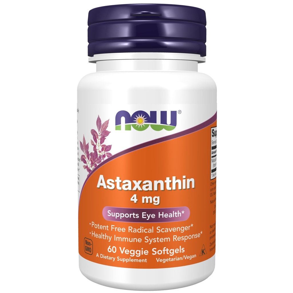NOW Foods Supplements, Astaxanthin 4 mg, har Zanthin®, støtter øyehelse*, 60 Veg Softgels