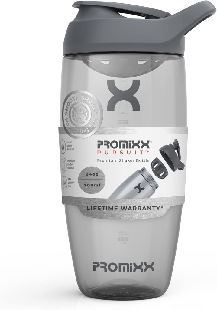 Promixx Pursuit Protein Shakerflaske (24 oz) – Silent No-Ball Mixer, Leak-Proof Lid, BPA/BPS & Phthalate-fri ECOZEN – Easy-Clean Shaker Cup for Protein Shakes, Pre & Post Workout Smoothies